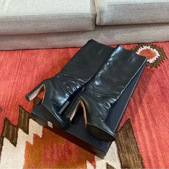 Prada Made in Italy Black Leather Knee-High Boots Size 39 Heeled - Picture 7 of 12